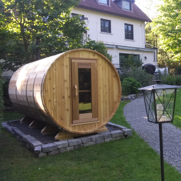 7'x12' Barrel Sauna With a 4' Change Room (option to add 2' porch)